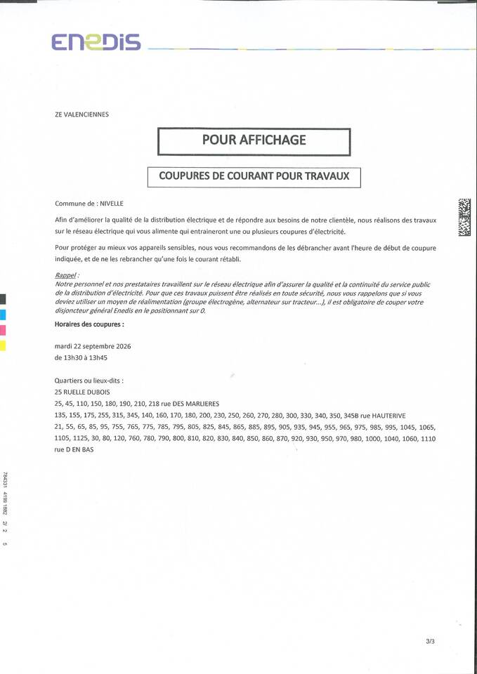 Avis de coupure - 22 Septembre 2026