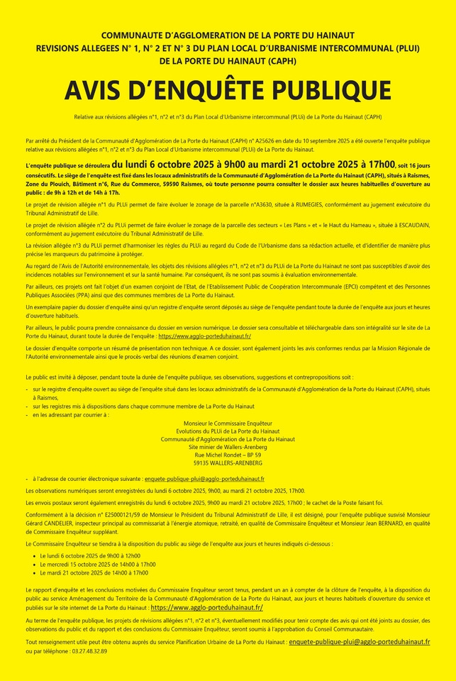 Avis Enquête Publique P.L.U.I.