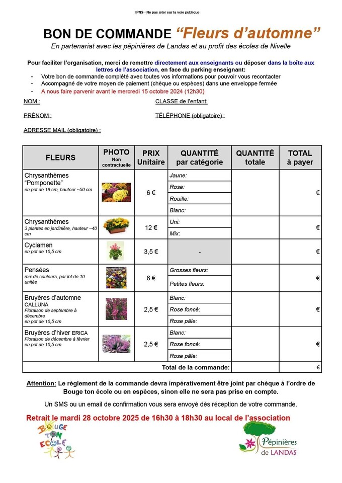 Bon de commande fleurs d'automne