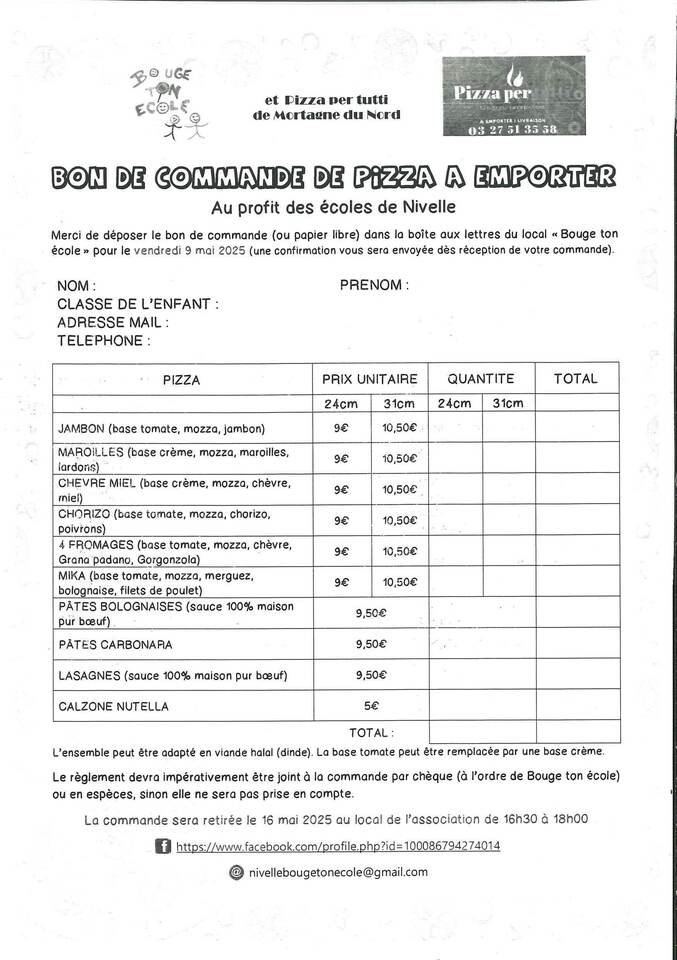 Bon de commande Pizza Bouge Ton École