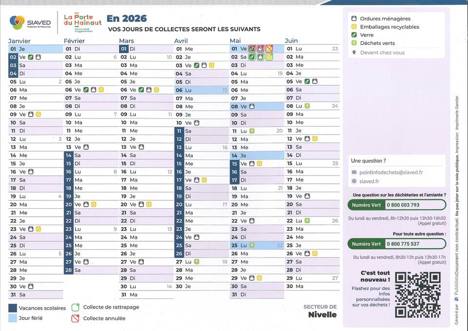 Calendrier de collectes 2026 - 1er Semestre
